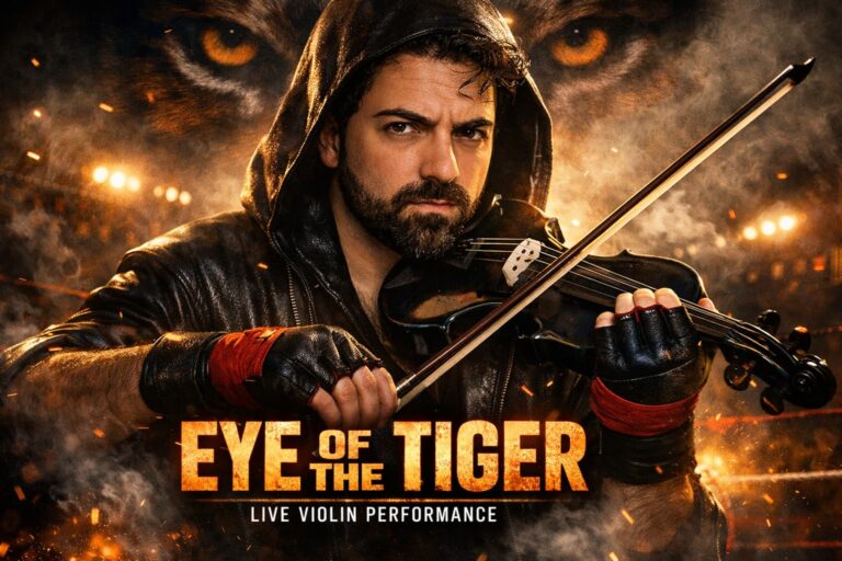 Lolo Alonso interpretando Eye of the Tiger al violín en una gala en Cáceres