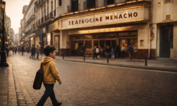 lolo-alonso-infancia-violin-teatro-menacho-Badajoz Niño con violín frente al Teatro Cine Menacho de Badajoz, inicio de la vocación musical de Lolo Alonso en Extremadura