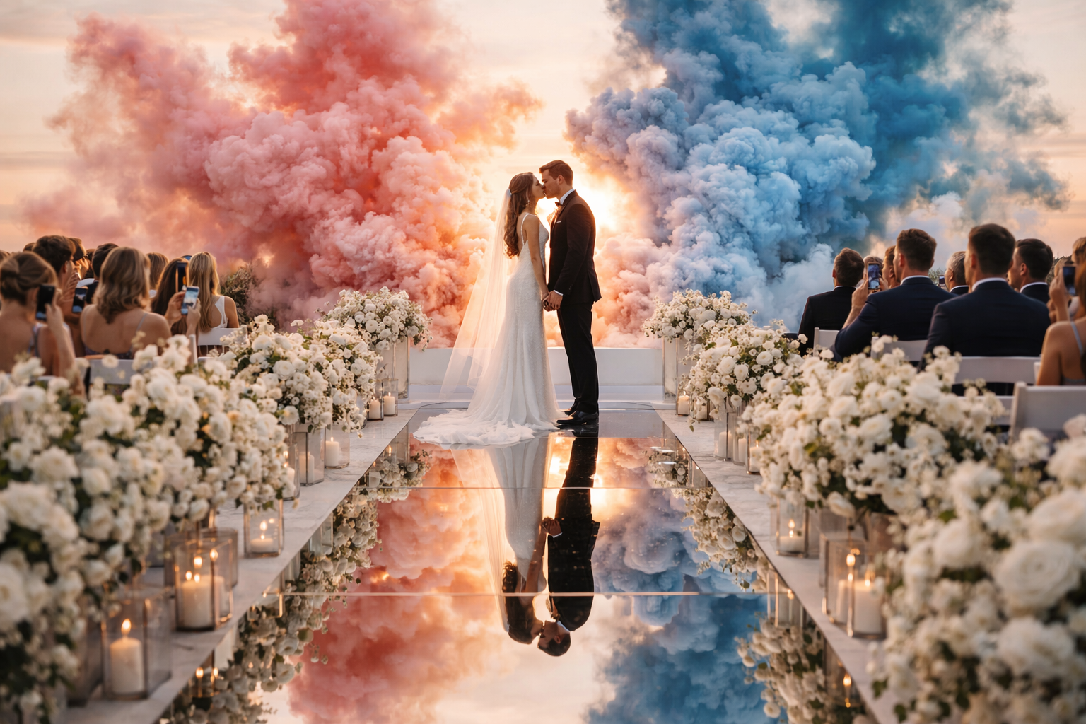 Boda con efecto wow: humo de colores, pasarela espejo y pareja besándose en una ceremonia al aire libre