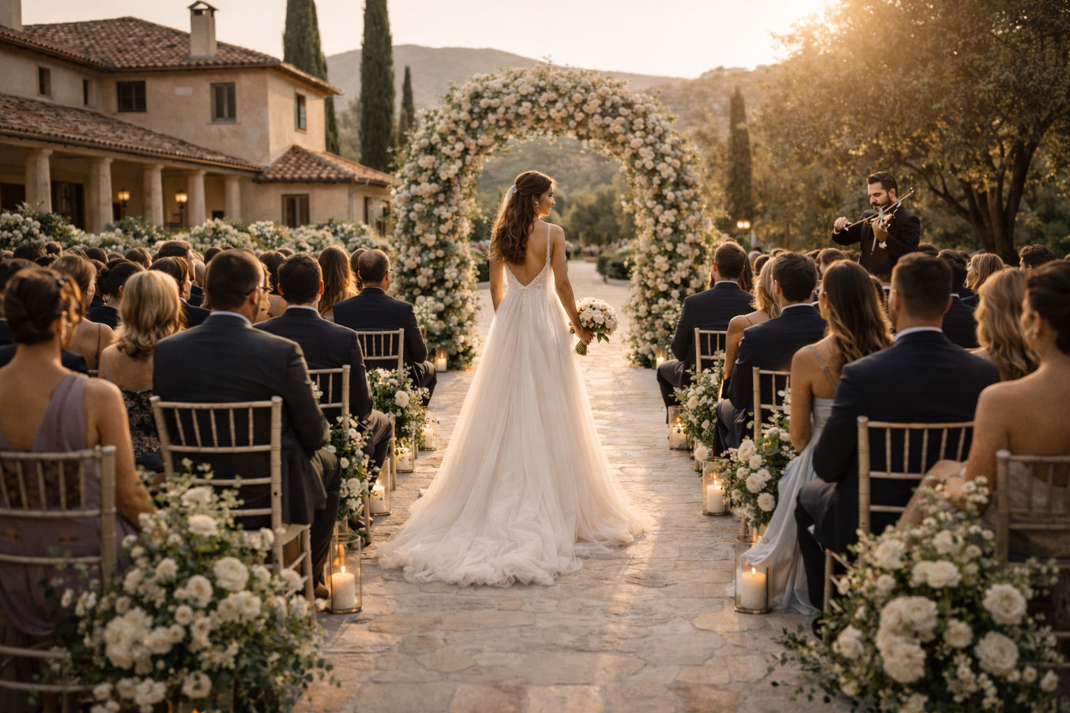 Entrada de la novia en una boda civil elegante con música en directo al violín en una finca mediterránea al atardecer
