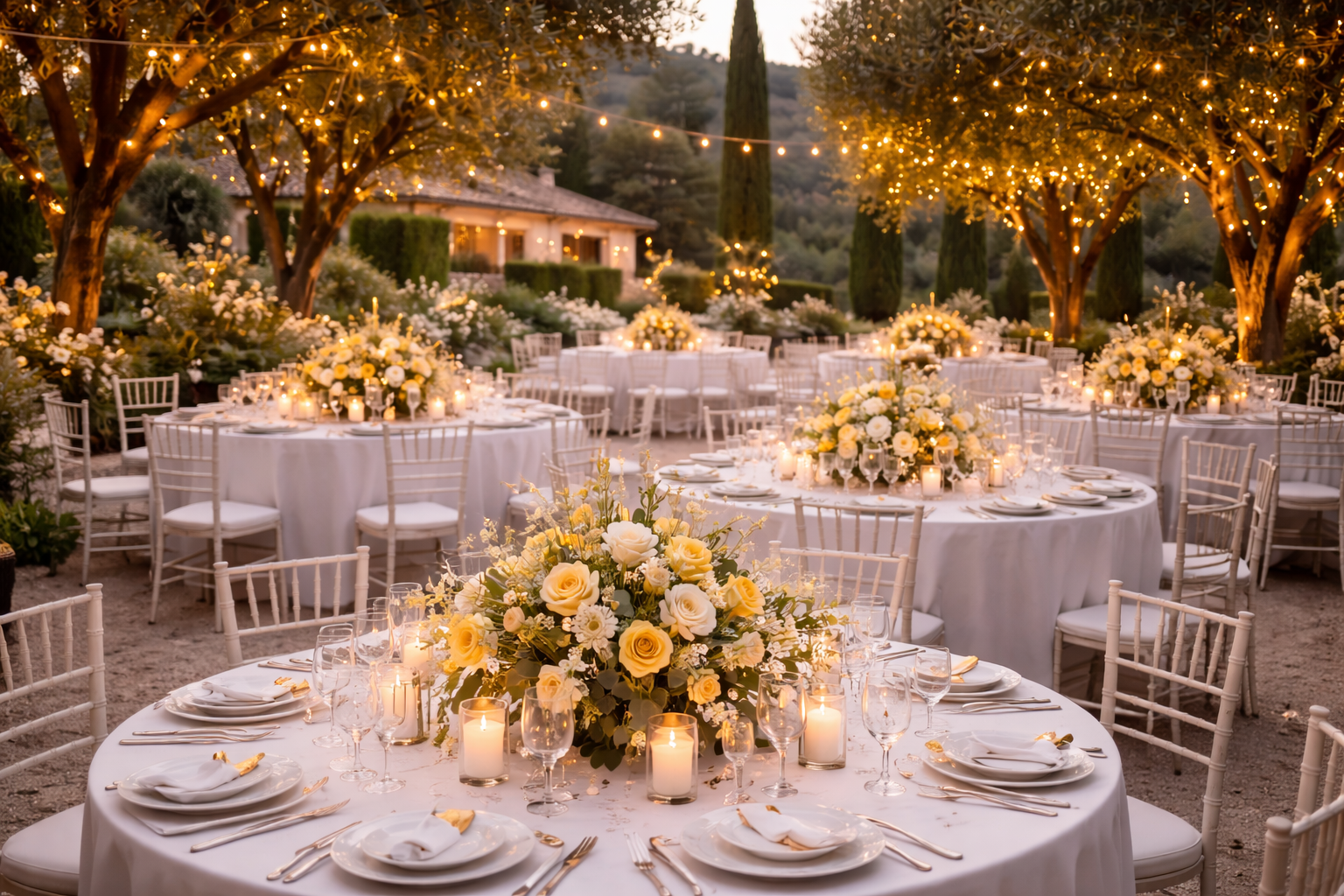 Decoración de boda moderna premium con mesas elegantes, flores blancas y luces cálidas en jardín mediterráneo