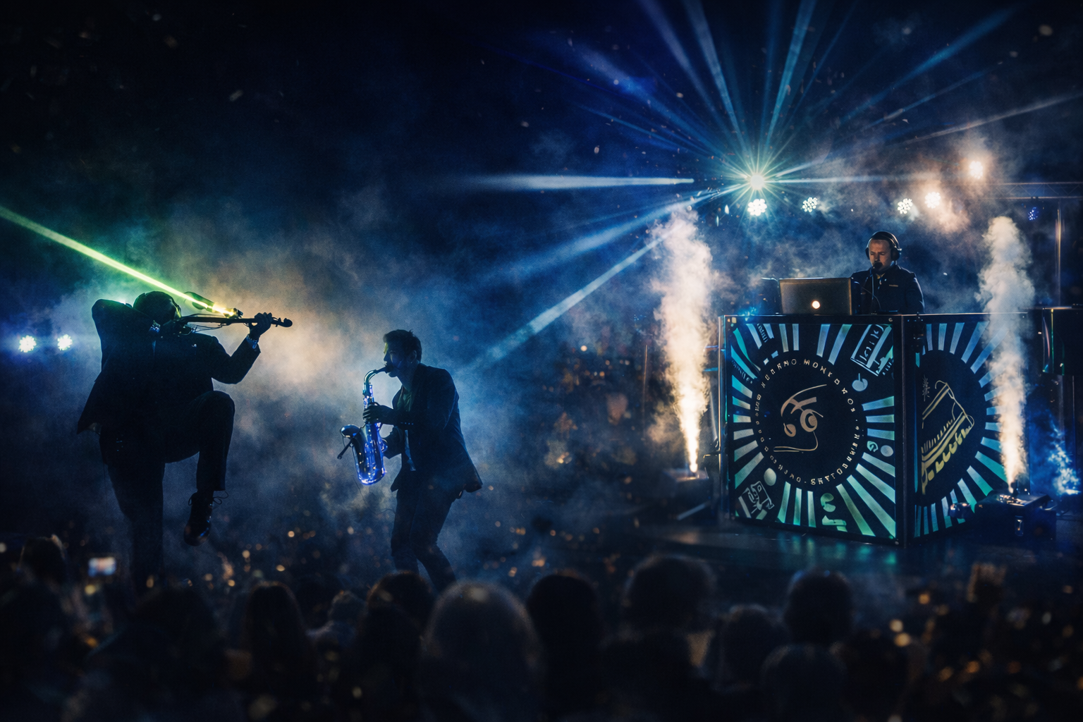 DJ y sonido premium con iluminación y efectos en un evento