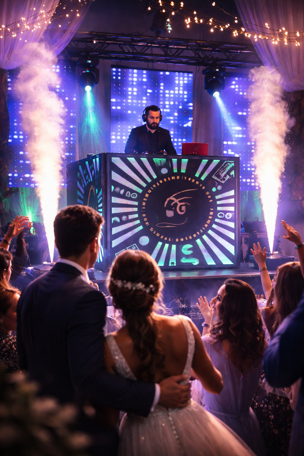 Novios con pistolas de CO2 y montaje con pantallas LED y cabina iluminada