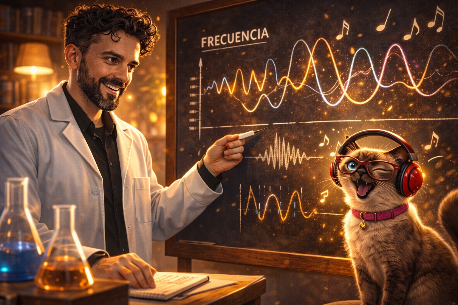 Versión científico: Lolo con bata, pizarra de frecuencias y Mery con auriculares