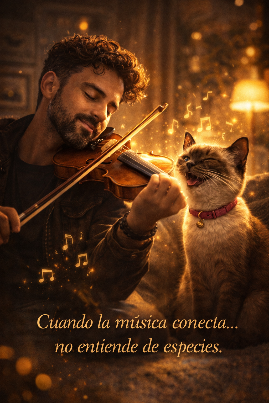 Foto final: Lolo relajado tocando, Mery cerca, frase sobre la música