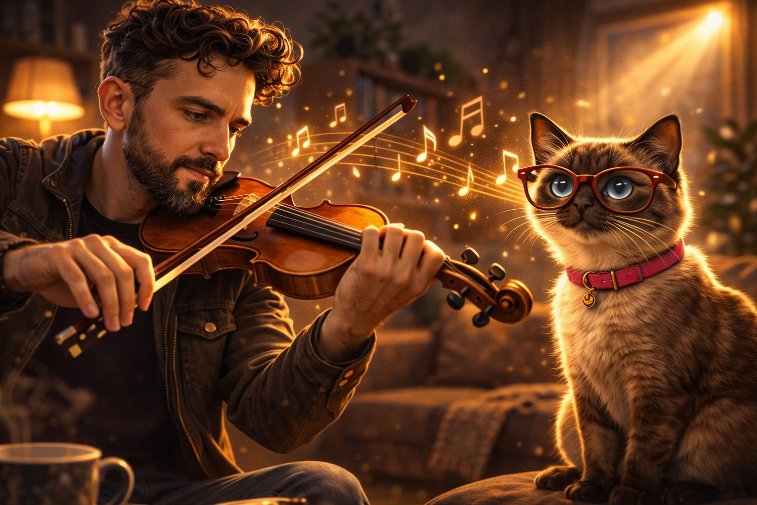 Lolo tocando el violín con Mery mirándole fijamente