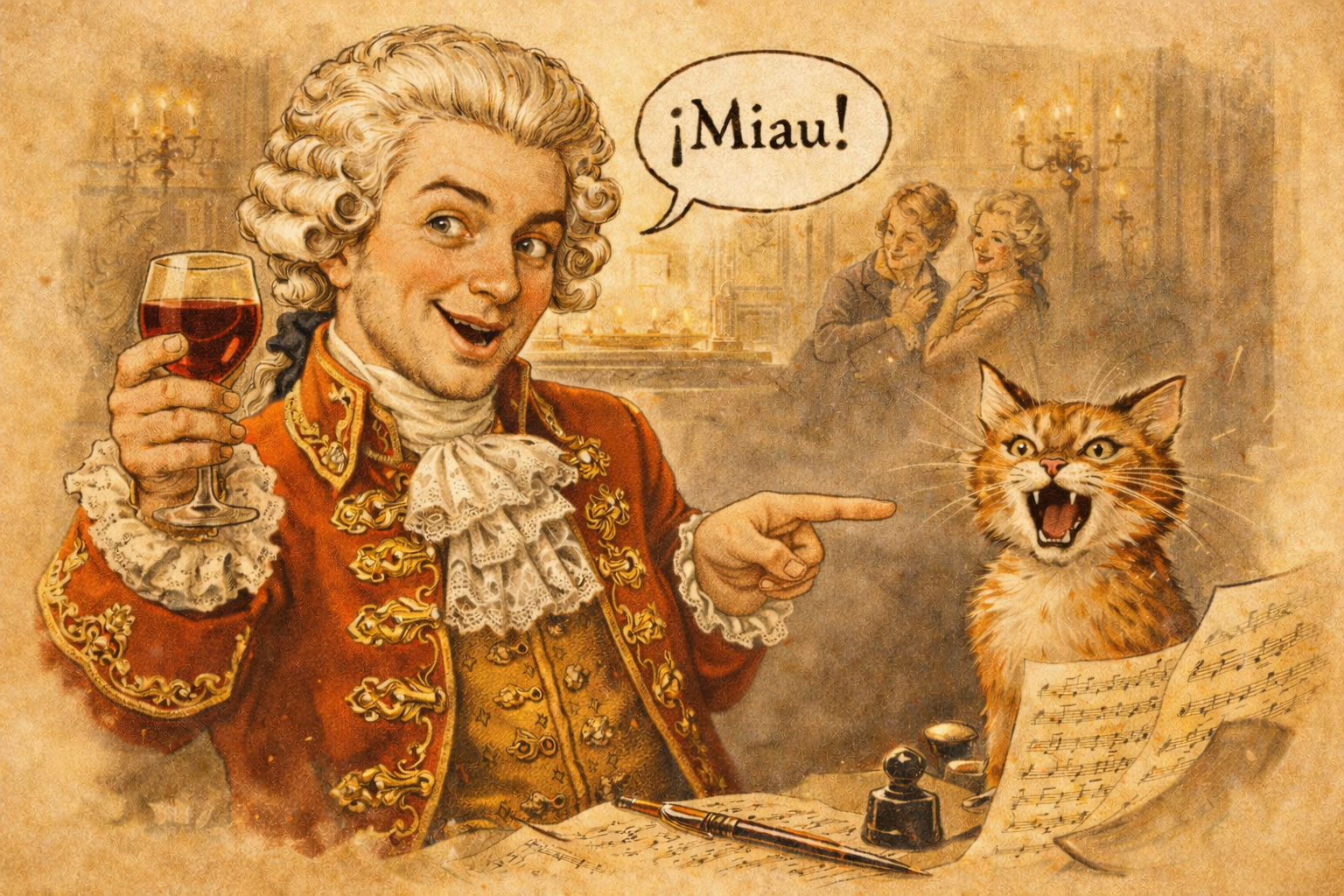 Ilustración de Mozart en estilo clásico, ambiente cálido y musical