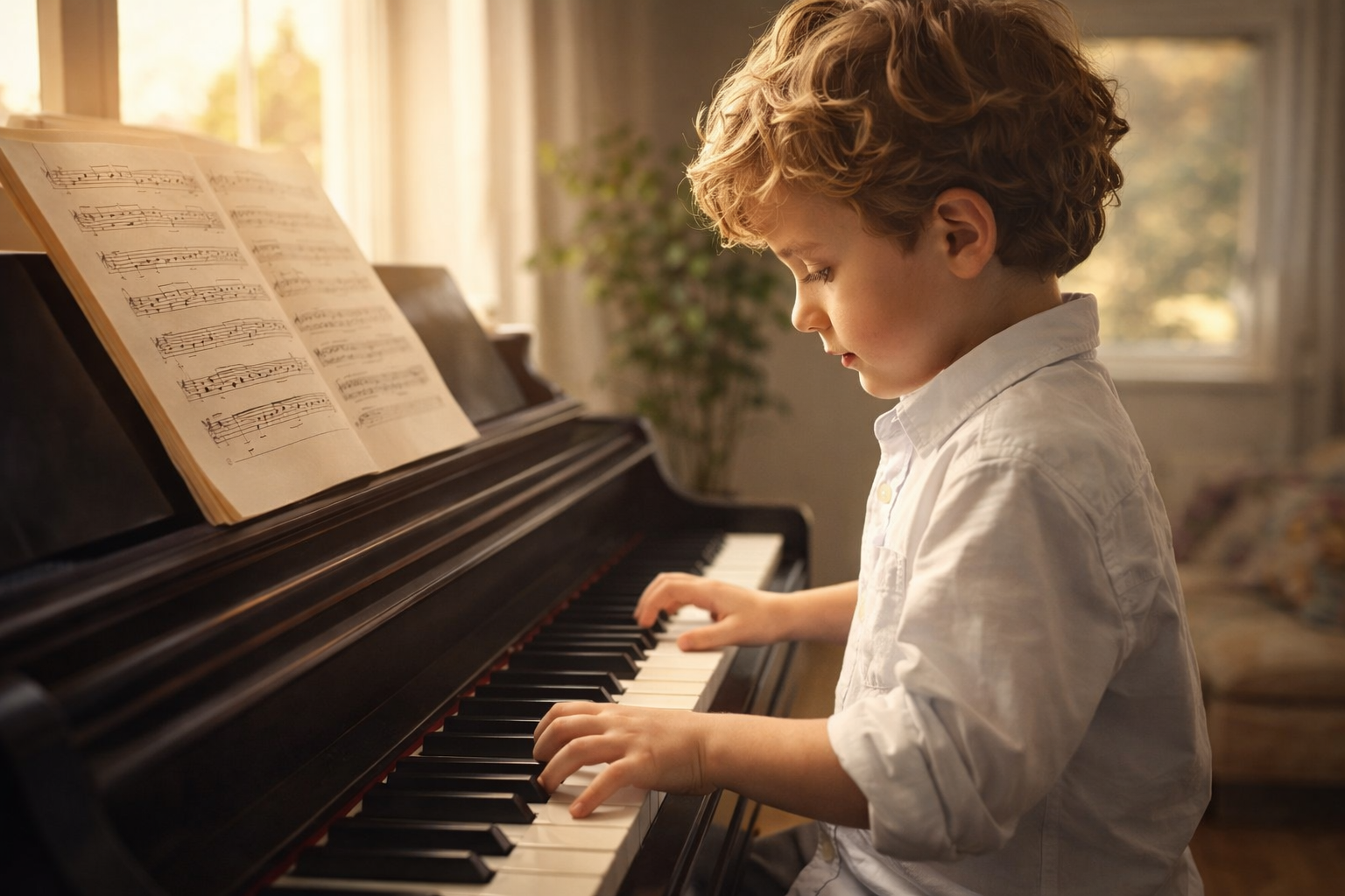 Niño practicando piano con luz cálida y partitura en atril, escena tranquila de estudio