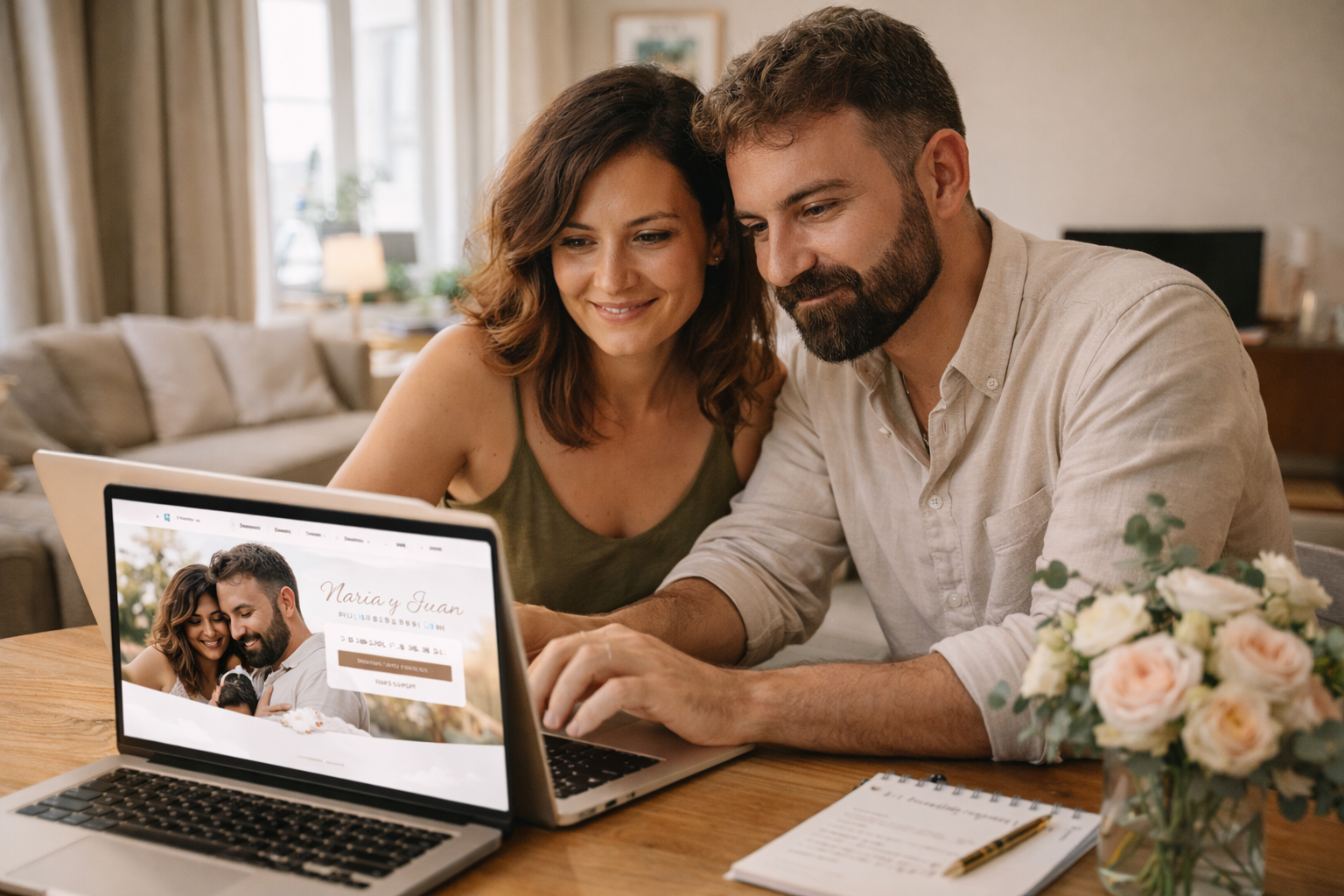 Pareja diseñando su web de boda en casa