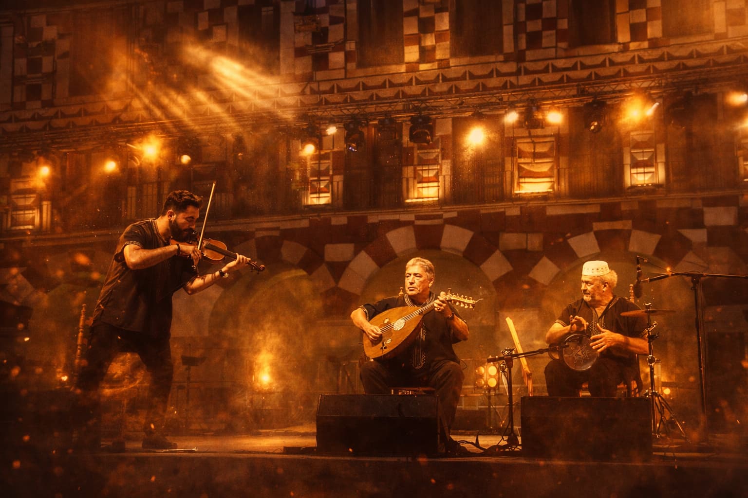 Concierto de música andalusí con violín, laúd y percusión en el festival medieval Almossassa de Badajoz