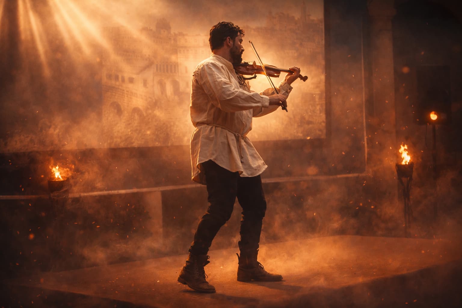 Violinista actuando en el espectáculo medieval La Luna y el Fuego de Zafra