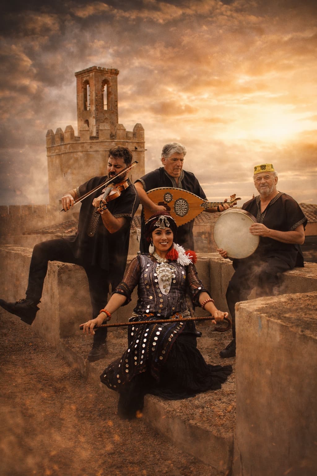 Espectáculo de música andalusí con bailarina y músicos en el festival medieval Almossassa de Badajoz