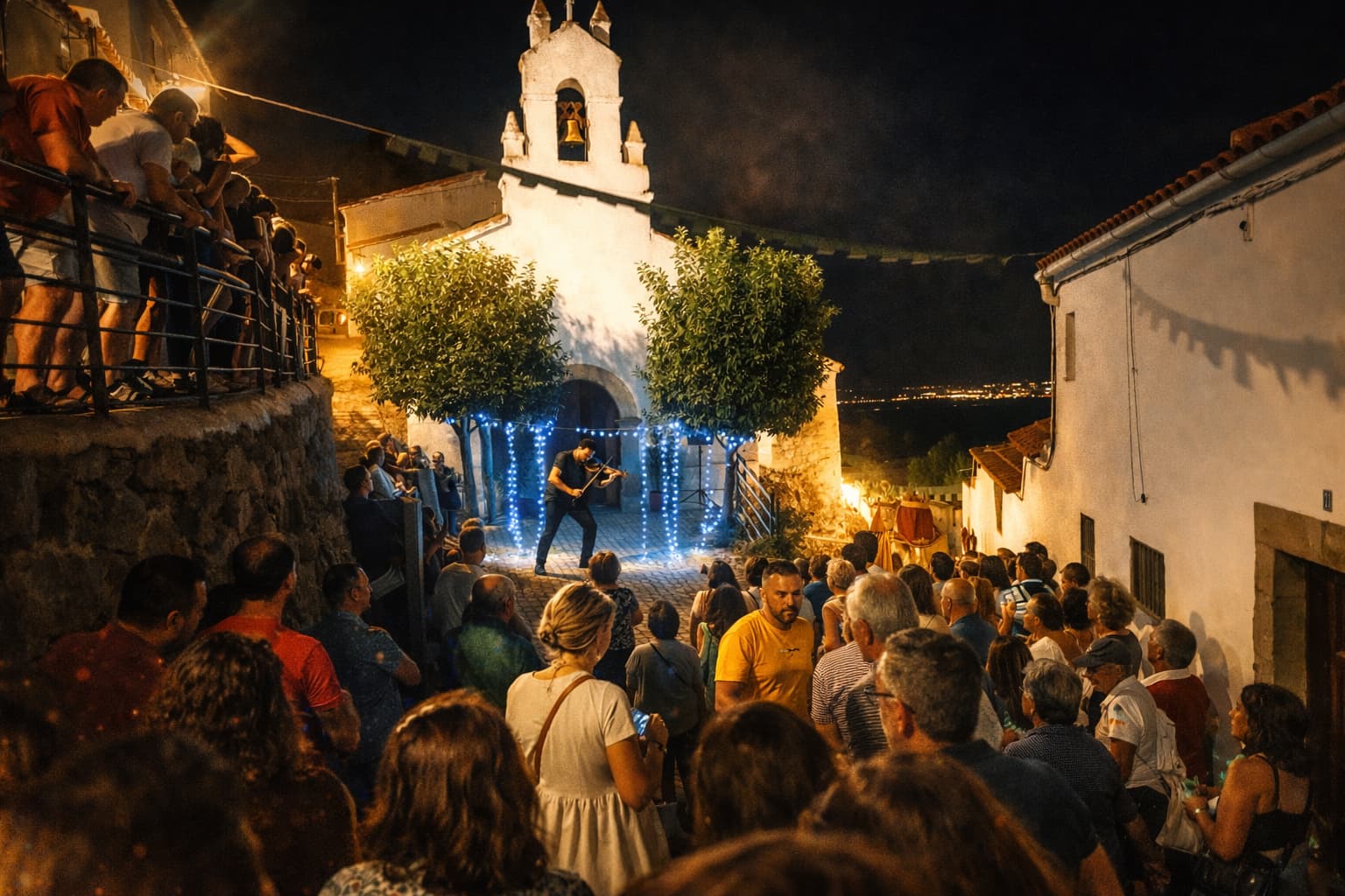 Violinista en directo en el mercado medieval de Magacela durante un espectáculo nocturno con público