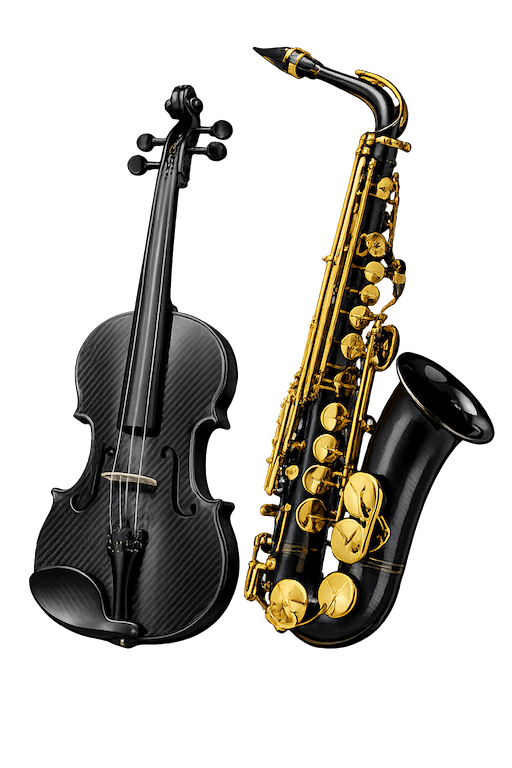 Violín y saxofón negro y dorado · Lolo Alonso y Miguel Sueiras