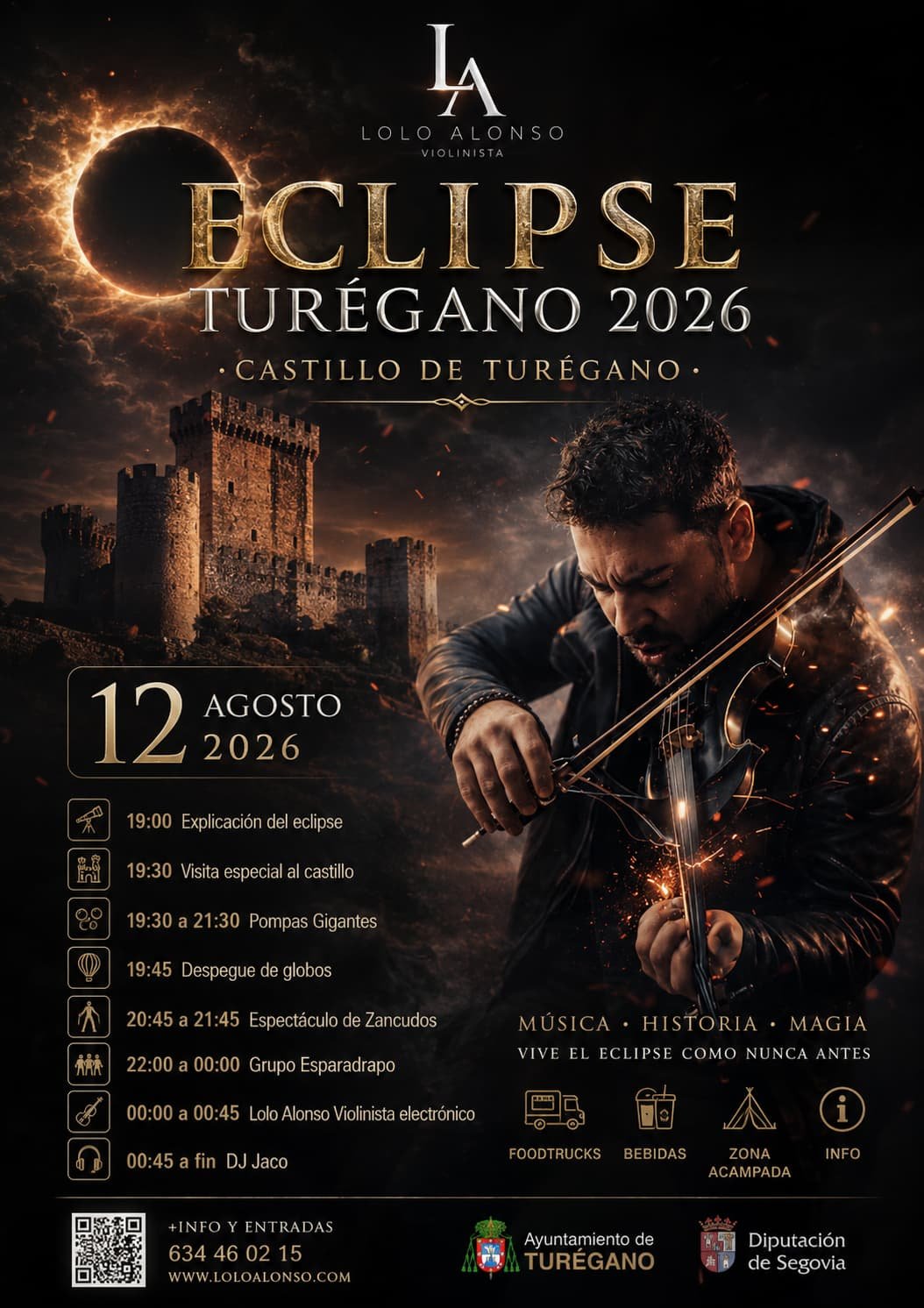 Cartel oficial del Eclipse Turégano 2026 · Castillo de Turégano con Lolo Alonso violinista
